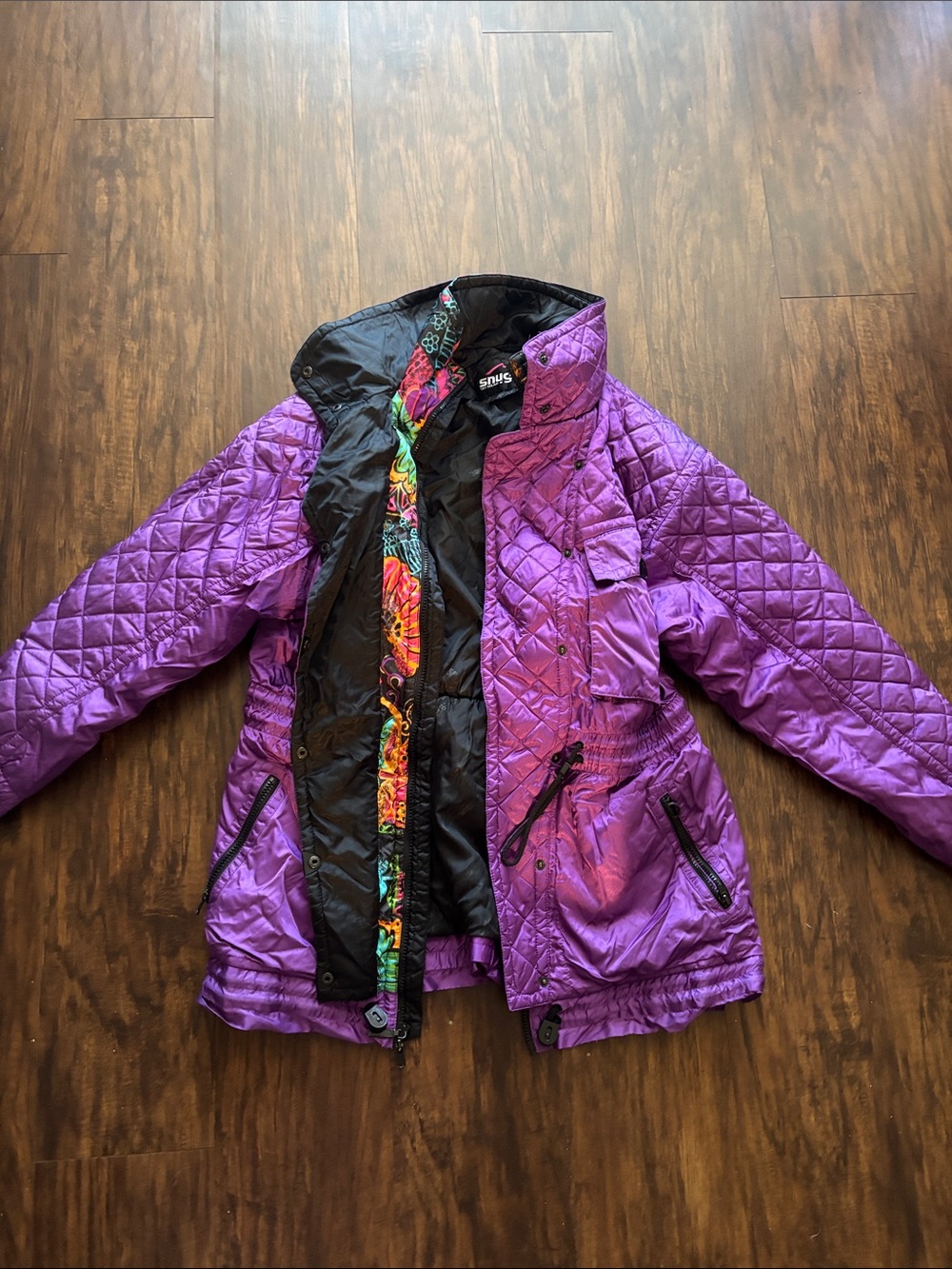Vintage Women's Purple Quilted Ski Jacket with Colorful Trim
